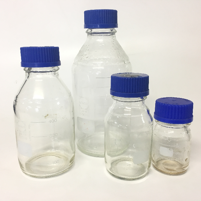 LAB GLASSWARE, Bottle w Blue Screw Cap - Assorted Sizes